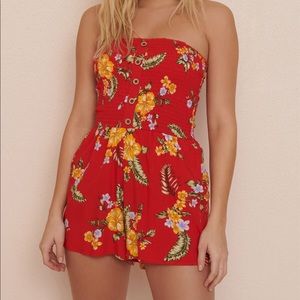 Garage Red Tropical Strapless Romper